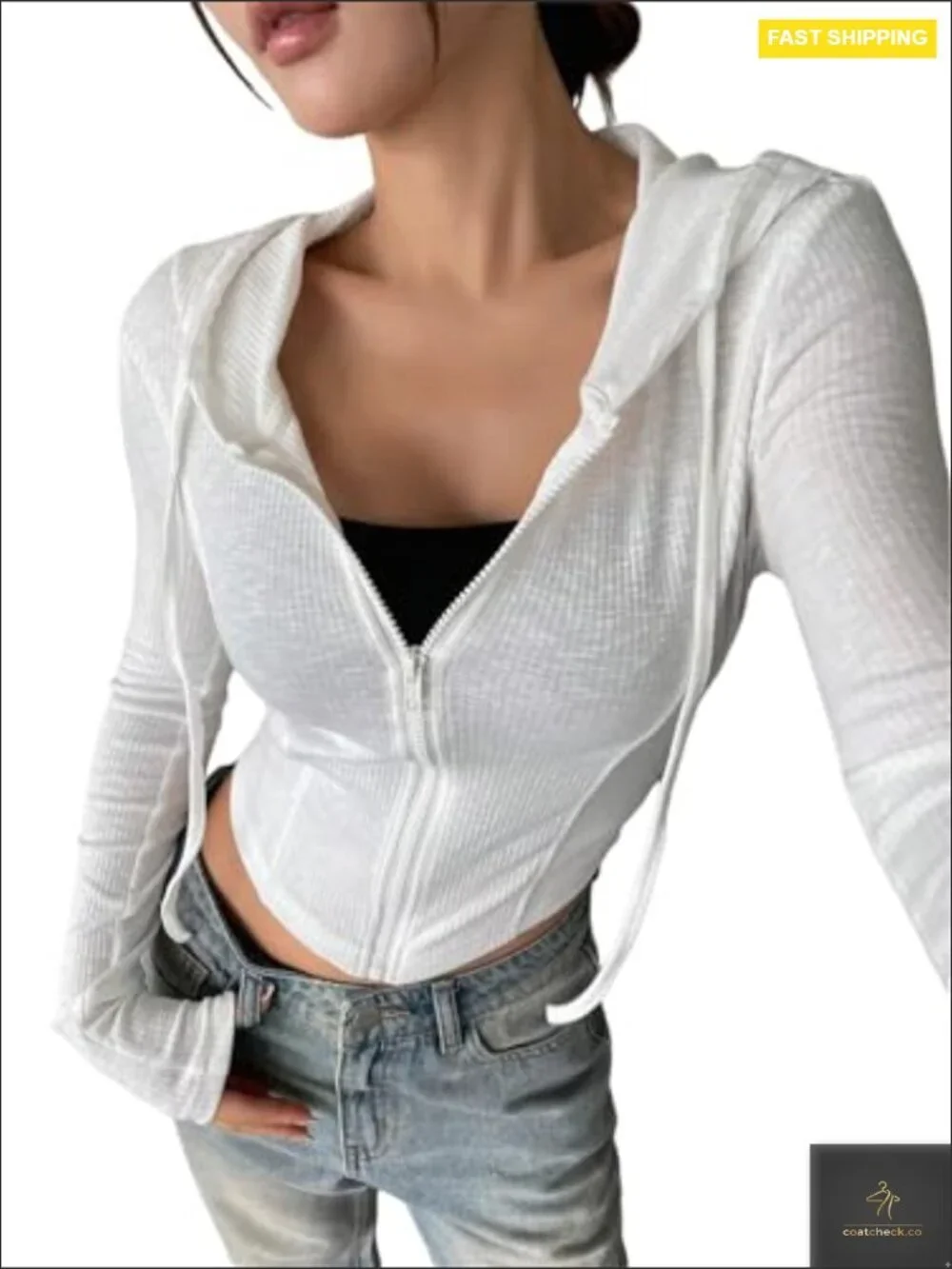 Cropped Zip Up Hoodie Lightweight Long Sleeve Rib Knit Slim Crop Jacket Casual